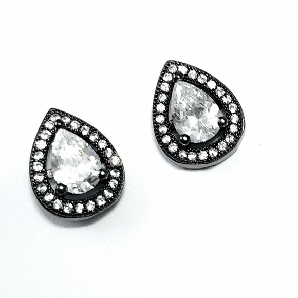 Halo Pear Silver Stud Earrings - Picture 4 of 10
